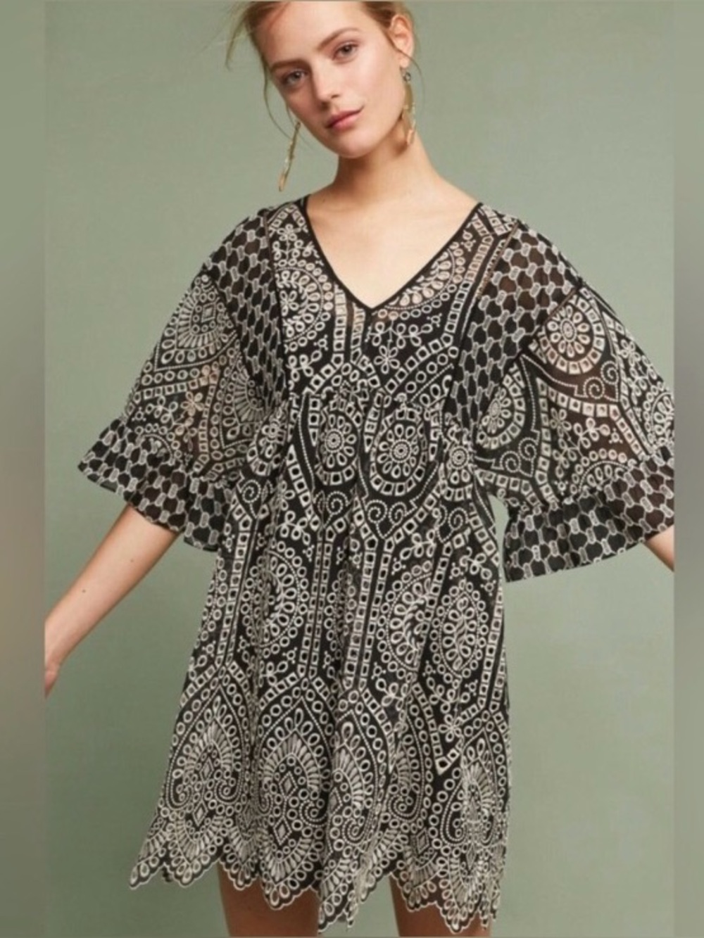 Anthro black and white embroidered eyelet dress akemi kin xs 2